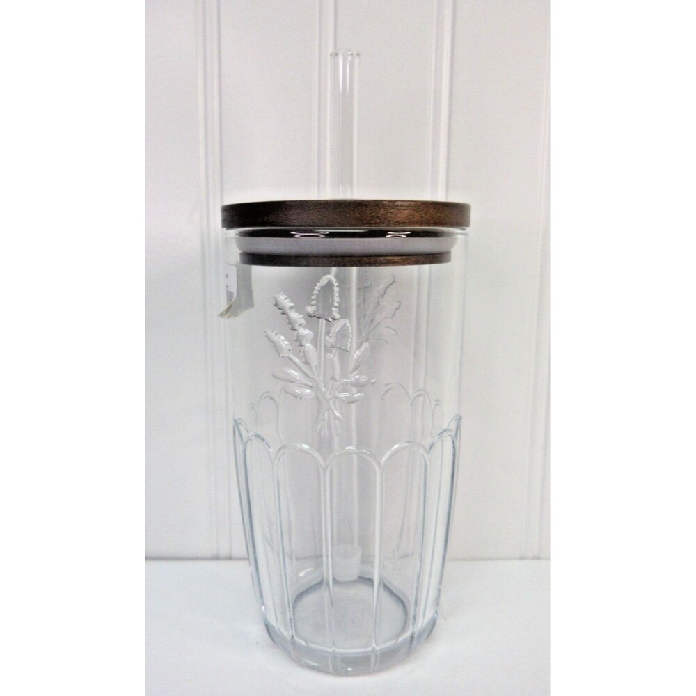Pioneer Woman Thistle Clear Glass Tumbler Wood Lid 21 oz Floral